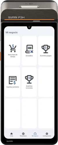 Equipo gPos SUNMI P3H de frente, mostrando la pantalla Mi Negocio con los accesos a resumen de ventas, tickets anulados, aciertos pagos, cuenta corriente y aciertos recientes