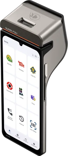 Equipo gPos SUNMI P3H en ángulo, mostrando la pantalla de Inicio con la grilla de productos: Quiniela, Tómbola, 5 de Oro, SuperMatch, Lotería, Pines, Recarga Telefónica, Historial y Leer código